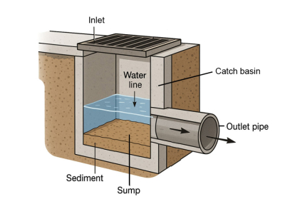 A cross section diagram of a catch basin and its outlet pipe.