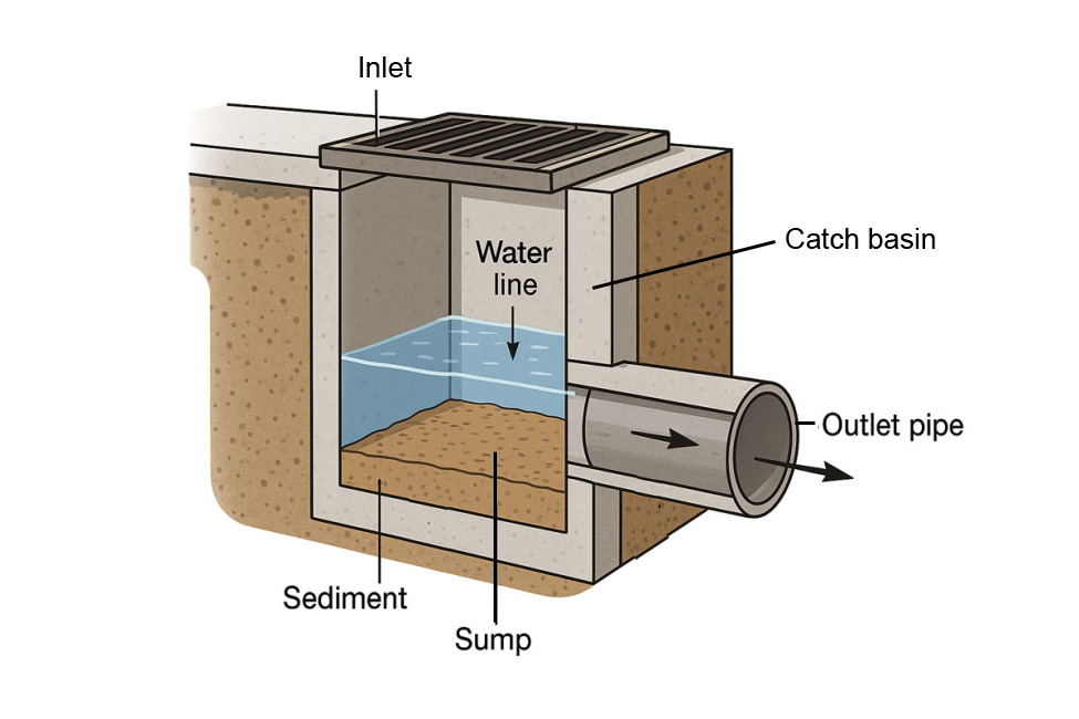 A cross section diagram of a catch basin and its outlet pipe.
